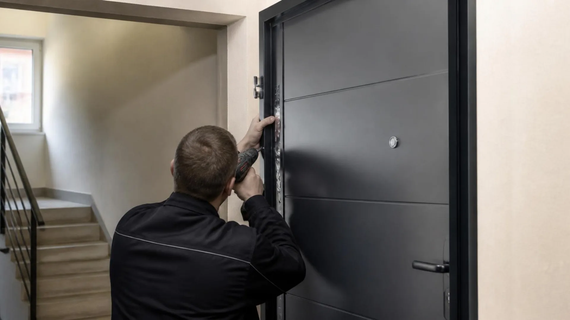 Apartman merdiven boşluğunda bir usta, yeni takılan koyu gri çelik kapının kilit göbeğini ayarlıyor.