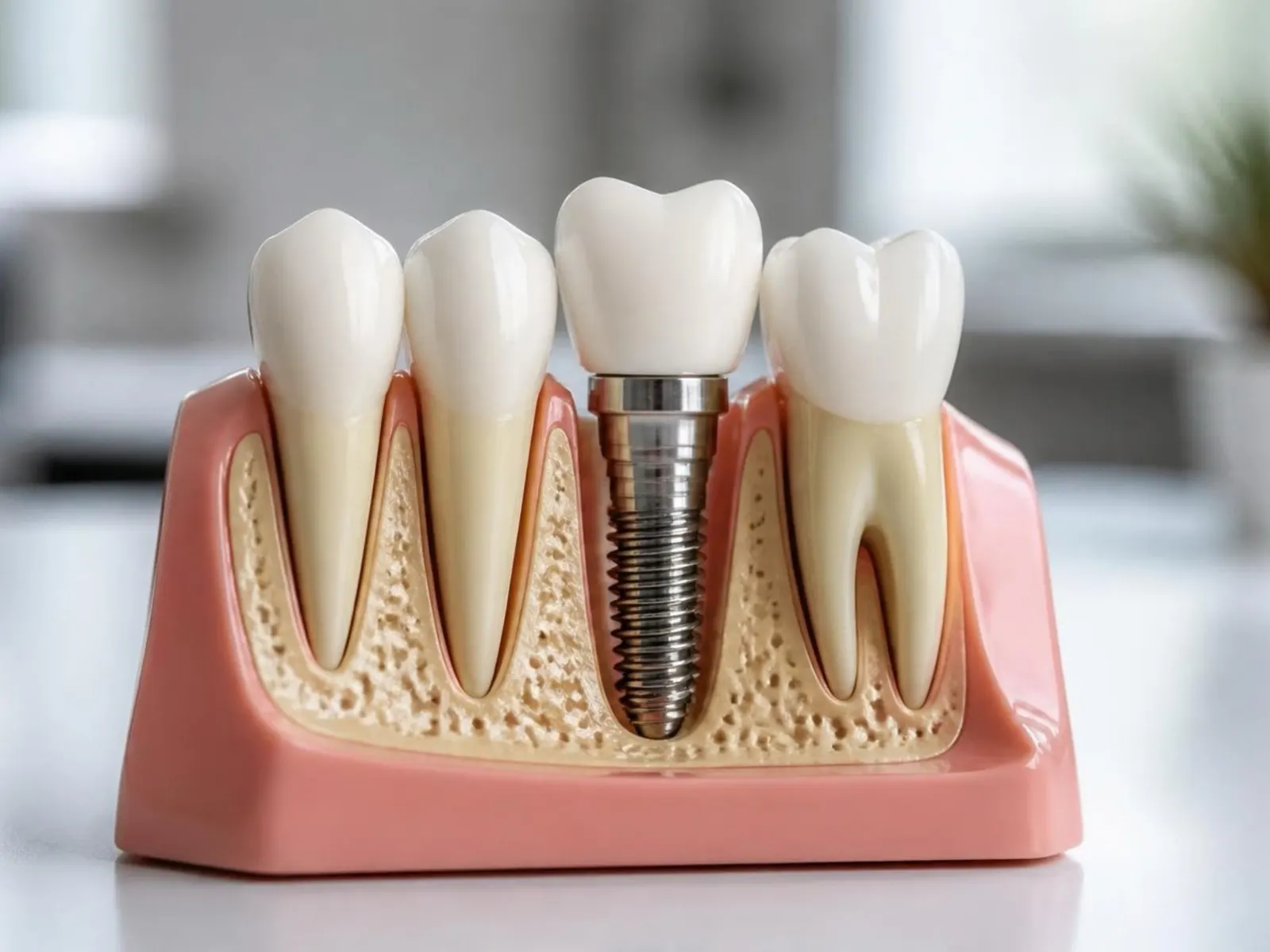 Masanın üstünde duran alt çene modeli: bir bölgede diş eti kesitinden görünen titanyum implant vidası ve üstündeki protez diş.