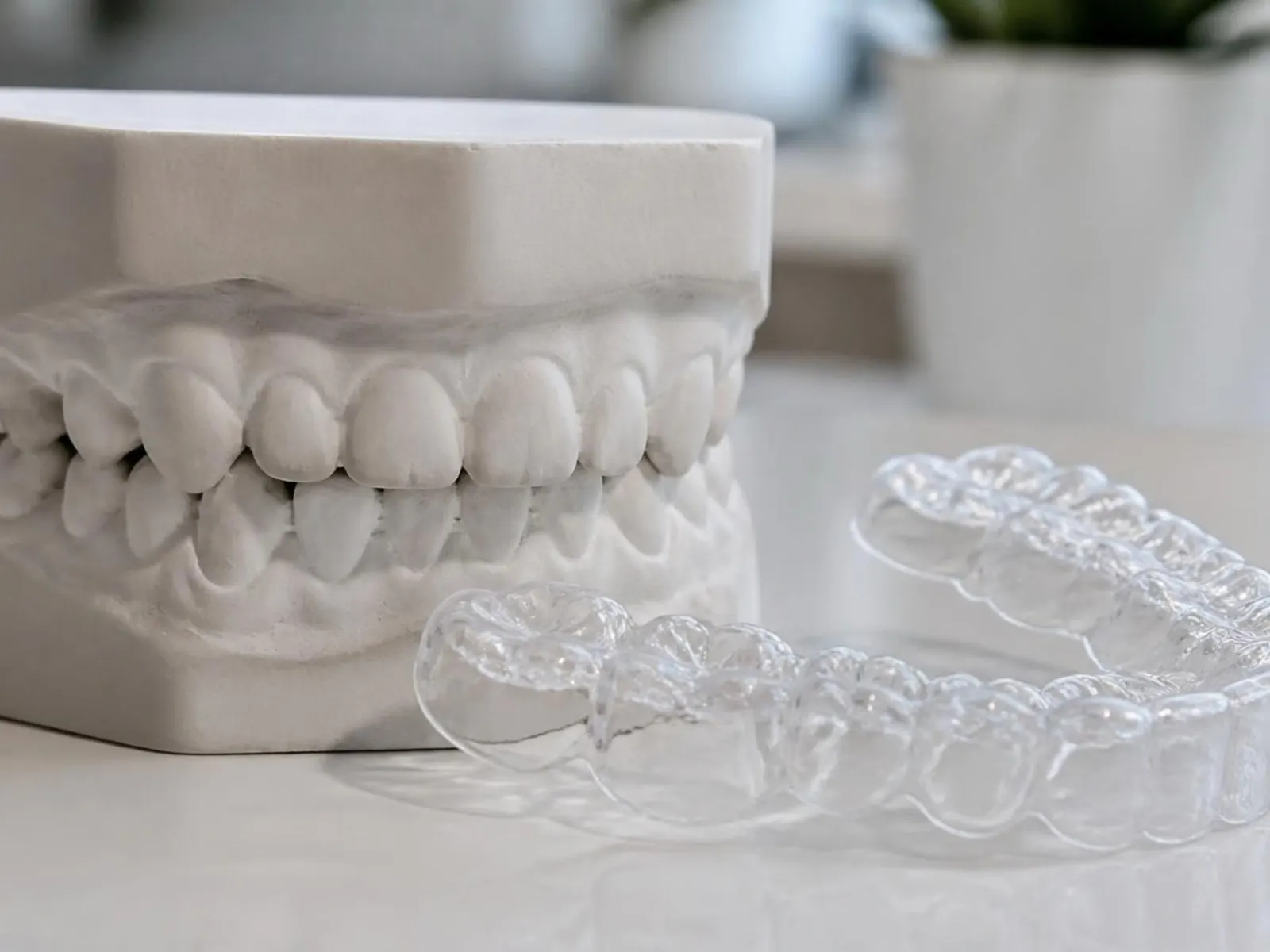 Beyaz zeminde yan yana duran iki ortodonti apareyi: metal braketli üst çene modeli ve yanında şeffaf plak.