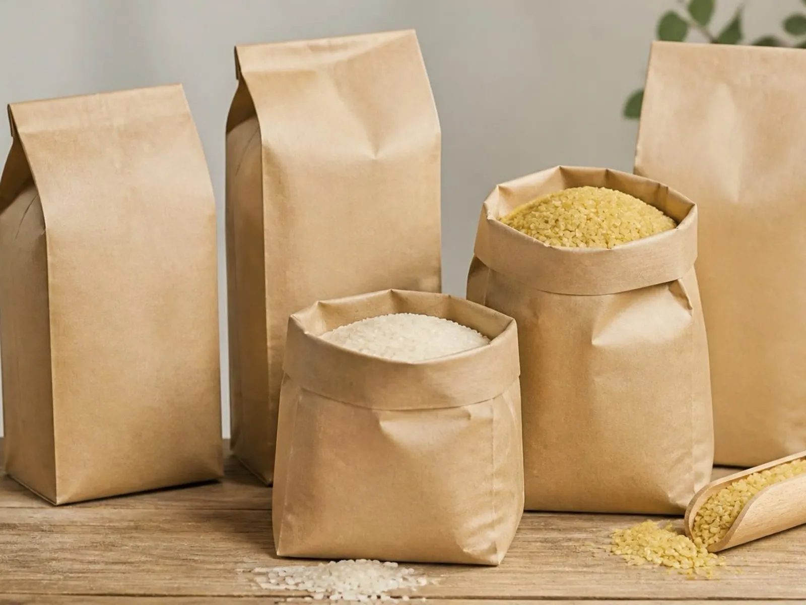Paketleme hattından çıkan bir kilogramlık pirinç ve bulgur poşetleri; yanında etiketi henüz yapıştırılmamış boş ambalaj örnekleri.