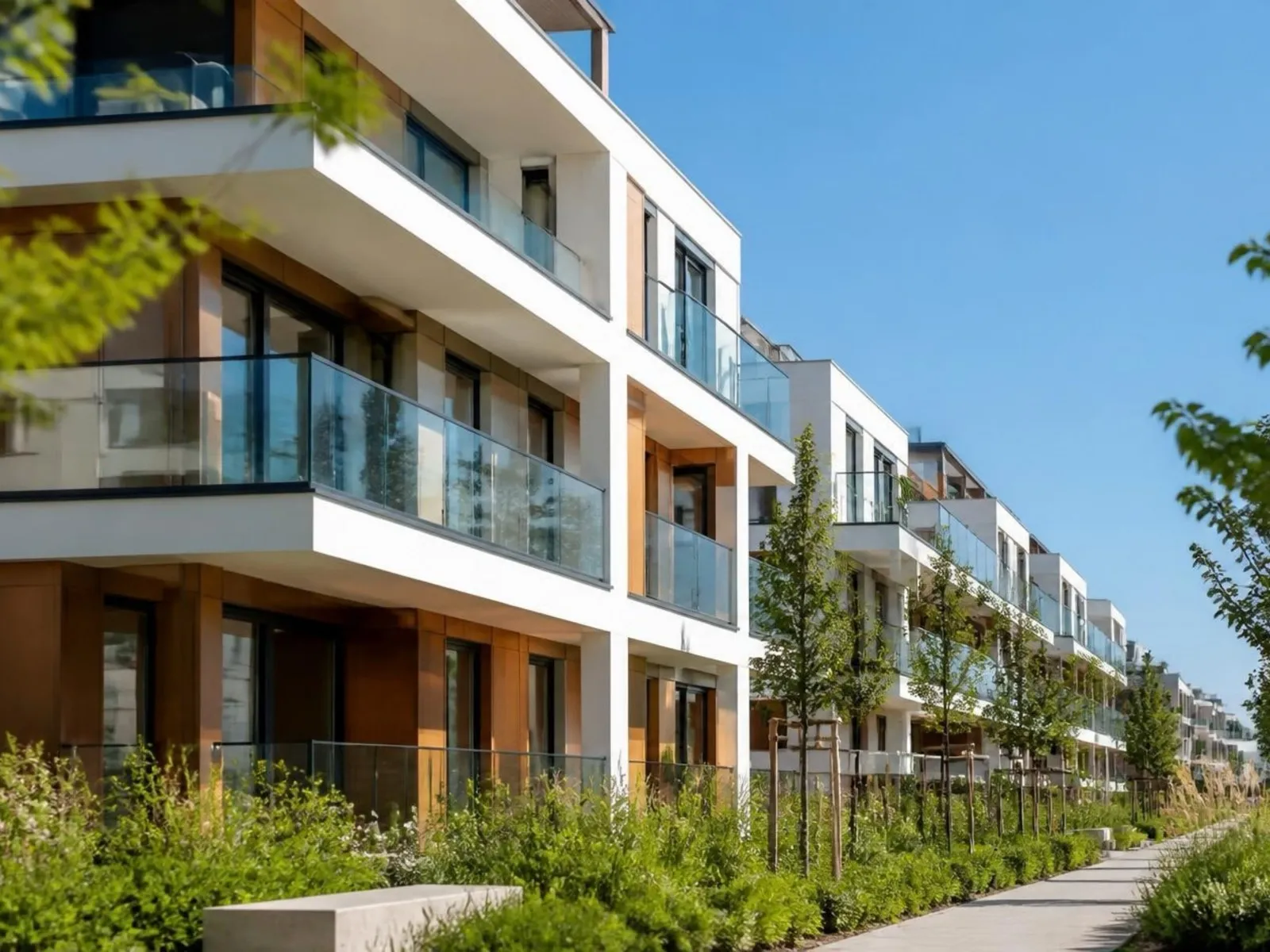 Sekiz katlı bir apartmanın sokaktan görünüşü; zemin katta taş kaplama, üst katlarda açık renk sıva ve metal korkuluklu balkonlar.