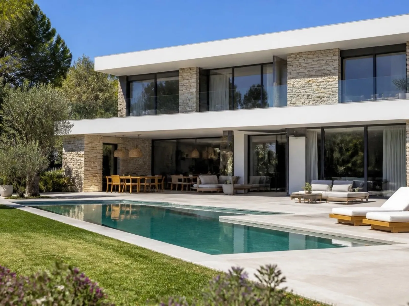 Eğimli bir arsada iki kota yayılmış tek katlı villa; geniş saçak altında gölgeli teras ve bahçeye inen taş basamaklar.