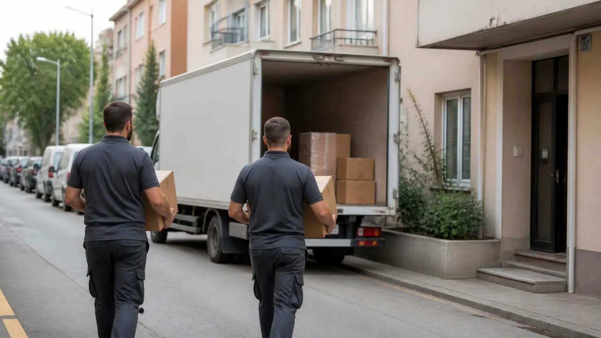 Apartman önünde arka kapağı açık nakliye kamyonu; iki görevli battaniyeye sarılı koltuğu rampadan yukarı çıkarıyor.