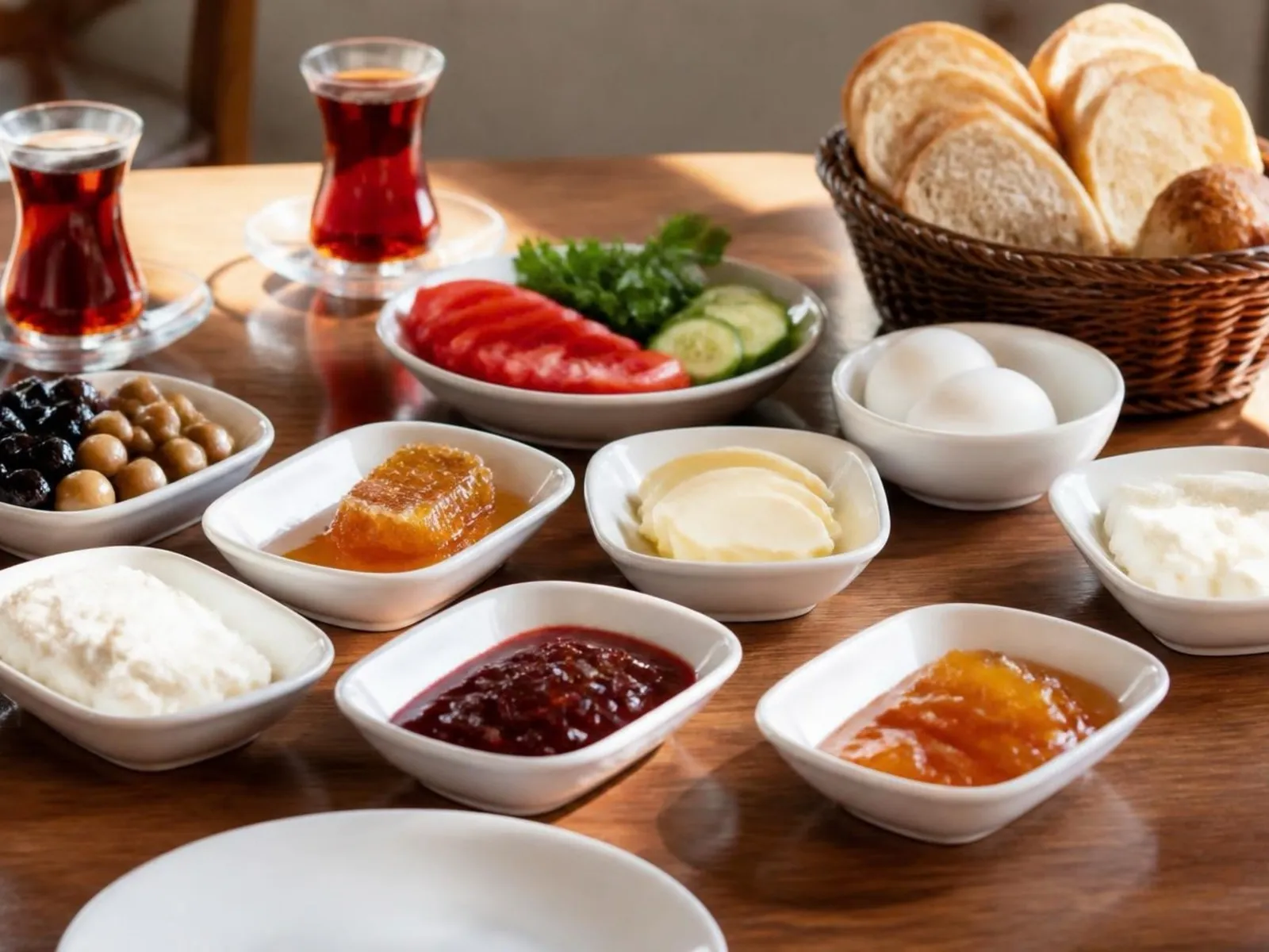 Avluya açılan kahvaltı salonunda serili masa: küçük tabaklarda peynir ve zeytin, bardakta çay, arkada büfe tezgâhı.