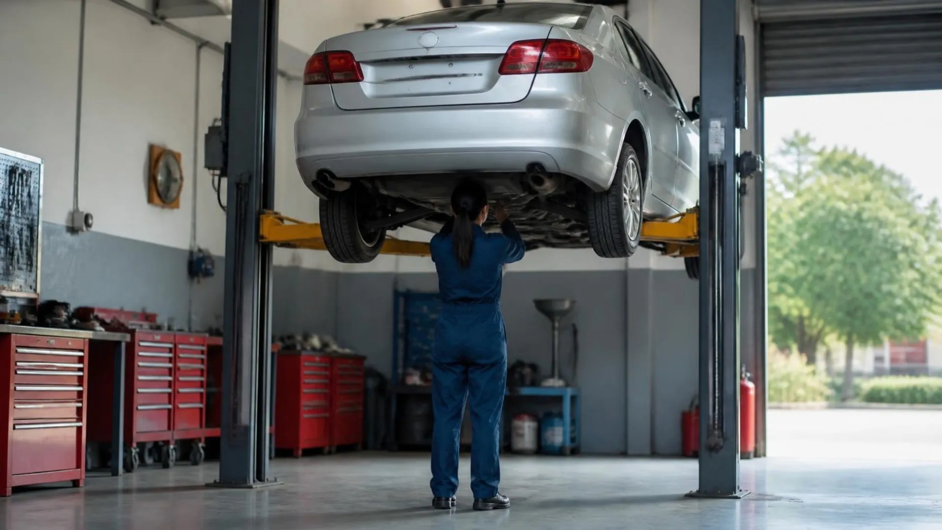 Servis içinde lifte kaldırılmış bir binek araç; altında tulumlu bir usta yağ karterine bakıyor, yan tarafta alet arabası duruyor.