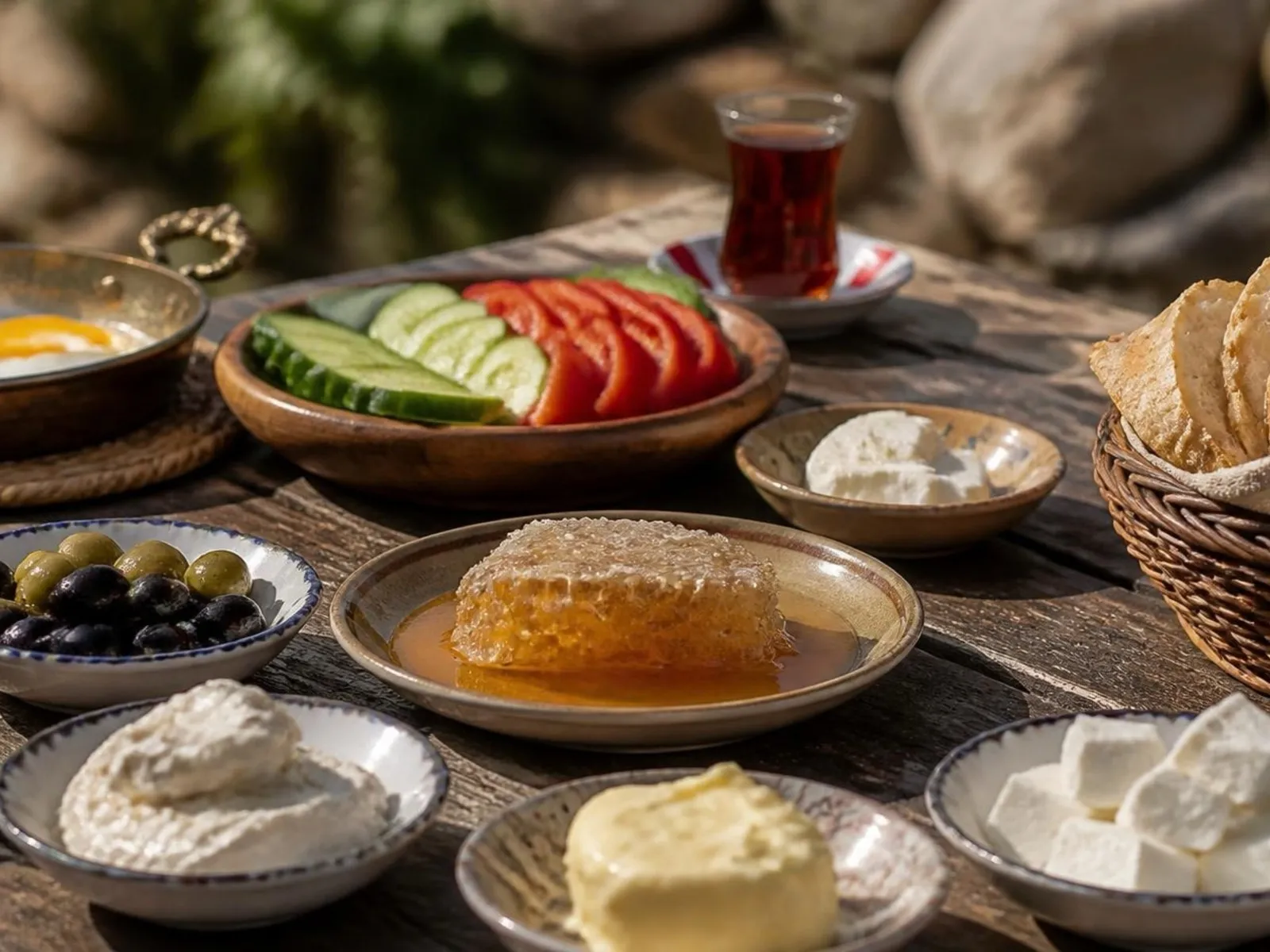 Ahşap masaya dizilmiş küçük kahvaltı tabakları, ortada sahanda yumurta ve kenarda ince belli çay bardakları.