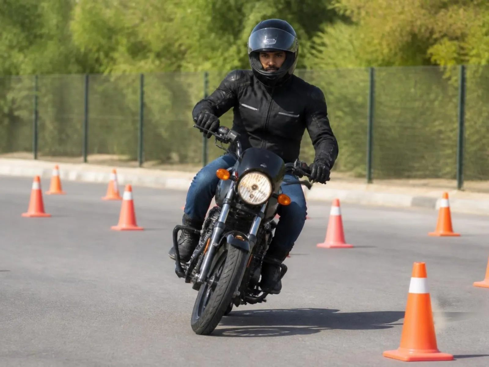 Eğitim pistinde koruyucu mont ve kaskla motosiklet üstünde slalom çalışan kursiyer; kenarda eğitmen elinde kronometreyle bakıyor.