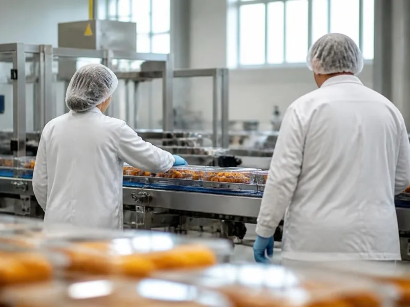 Gıda paketleme hattında bone ve önlüklü iki çalışan, arkadan