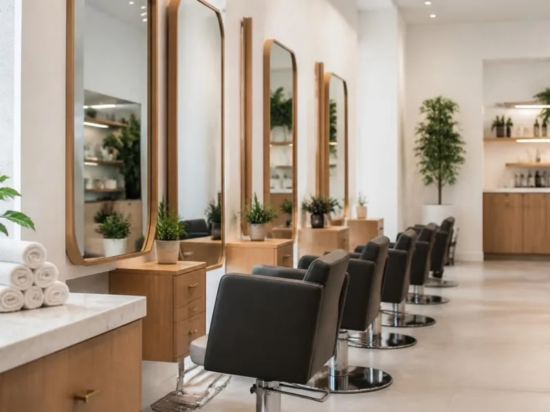 Aydınlık güzellik salonu, aynalı koltuk sırası ve bitkiler