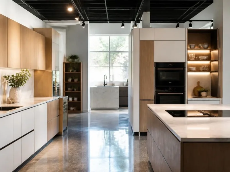 Showroom'da açık meşe ve beyaz kapaklı mutfak dolapları, mermer tezgâhlı ada