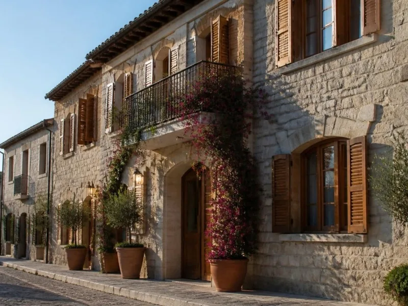 Taş cepheli butik otel, ahşap panjurlar ve begonvilli balkon