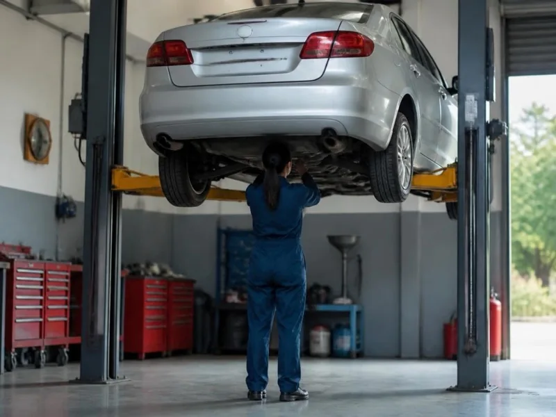 Liftte kaldırılmış aracın altını kontrol eden servis ustası
