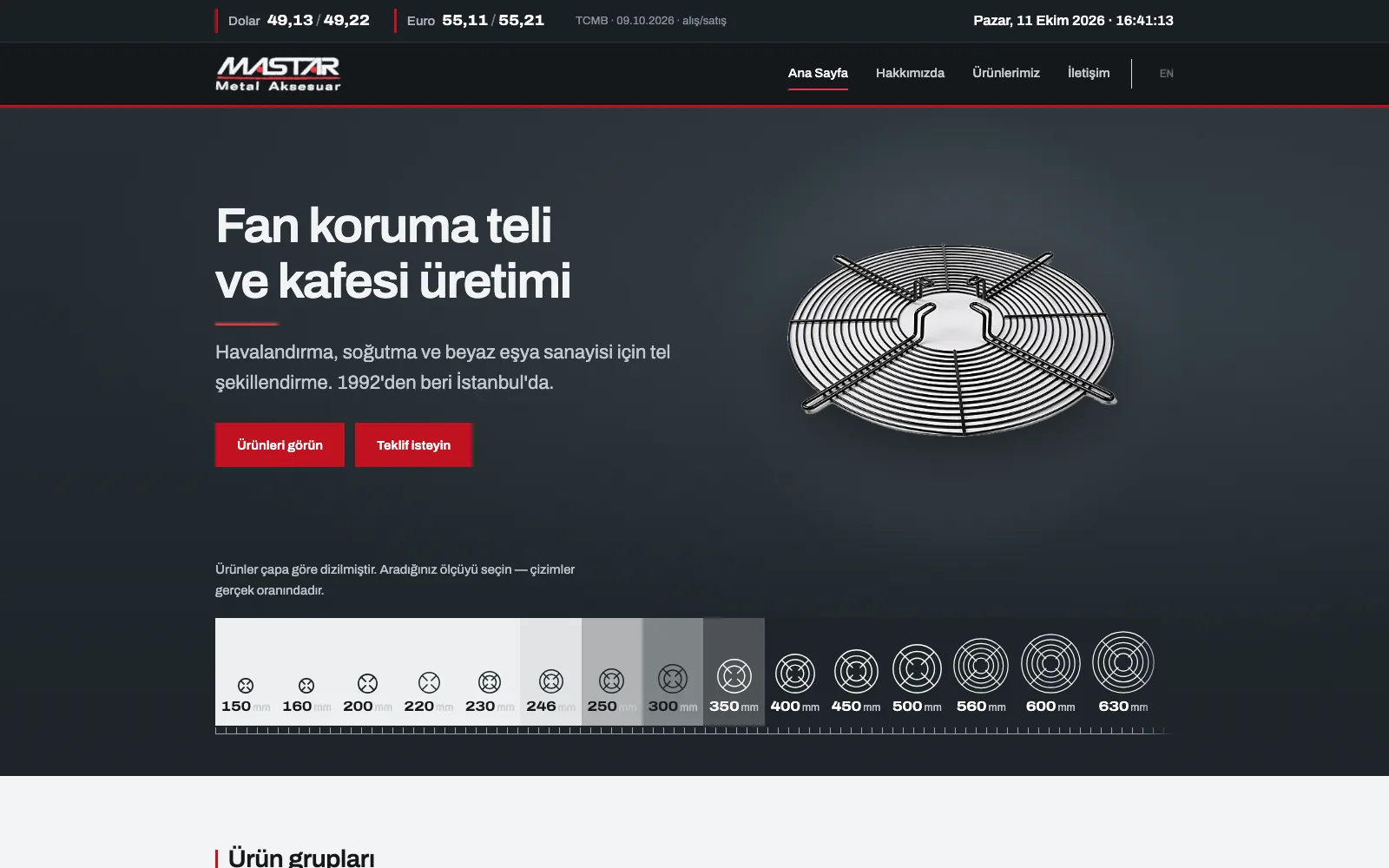 The Mastar Metal home page: on a dark background the headline 'Wire fan guard and cage manufacturing', a photo of a wire fan guard on the right, a size scale from 150 to 630 mm below and the day's exchange rates at the top
