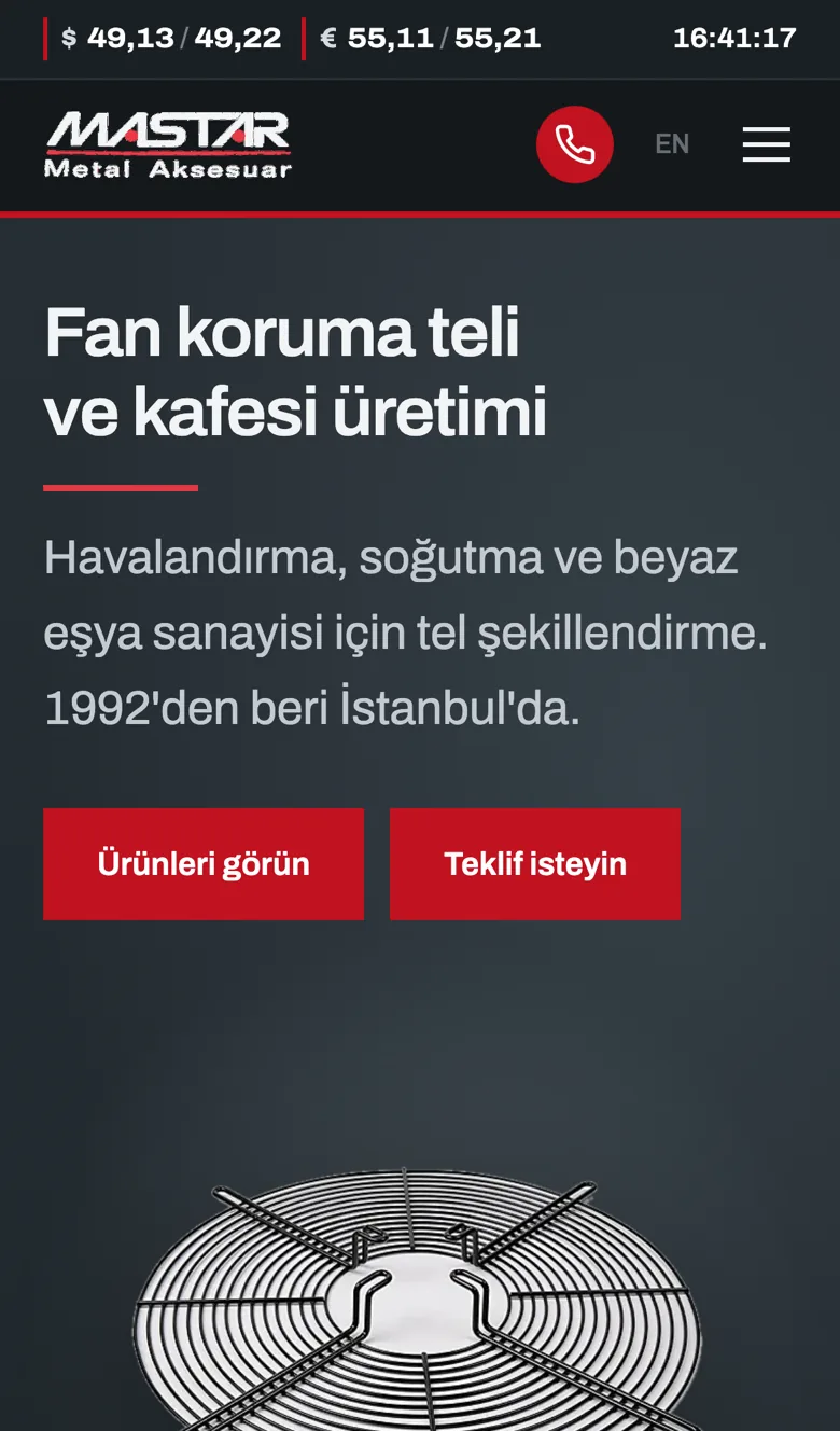 The same page on a phone: the exchange rate strip, a call button and menu next to the logo, the headline and the 'View products' and 'Request a quote' buttons