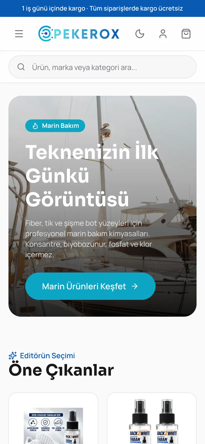 Pekerox'un telefon görünümü: kategori menüsü ve ürün kartları tek sütunda