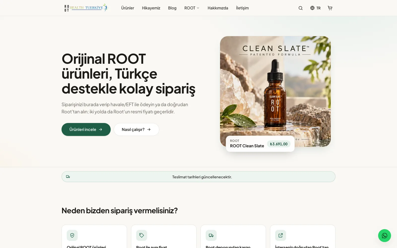 The Root Health Türkiye home page: on the left the headline 'Genuine ROOT products, ordered the simple way' with two buttons, on the right a photo of the Clean Slate bottle with a price card