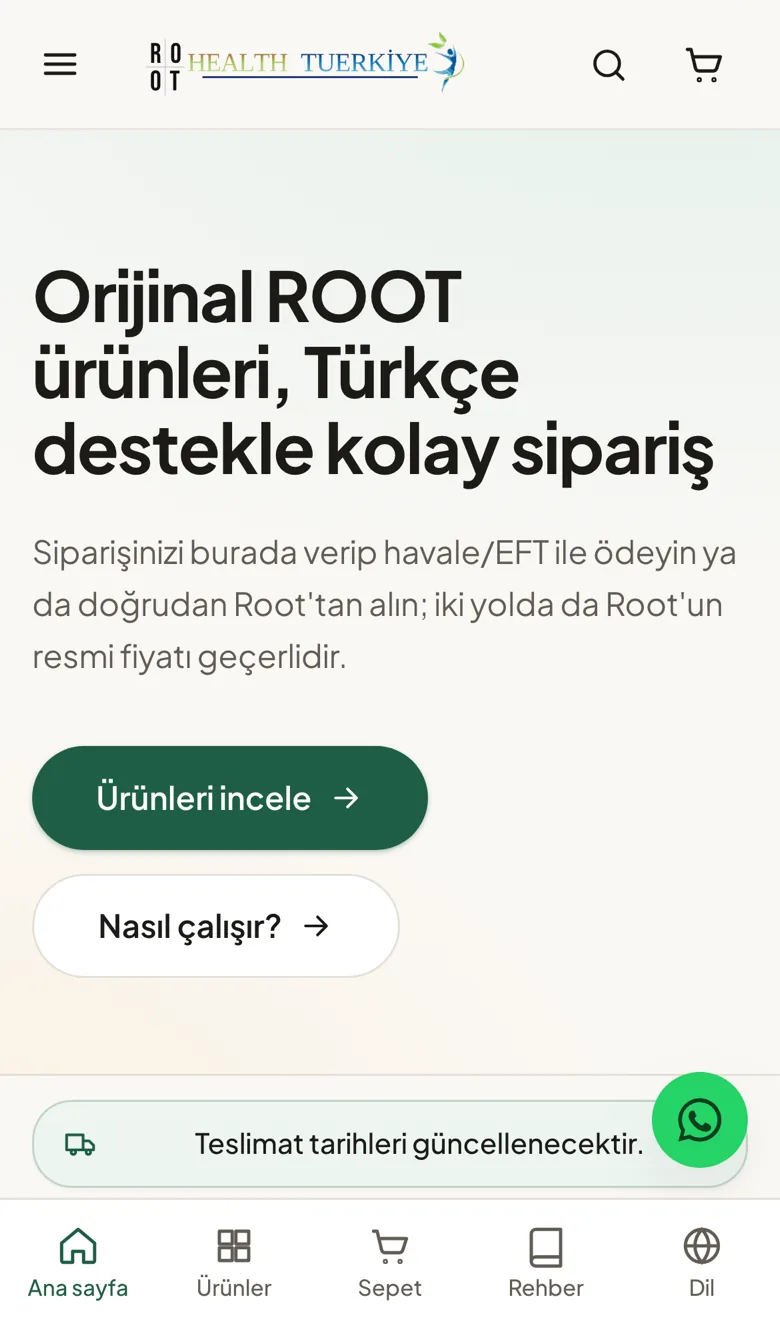 The same page on a phone: the headline, two buttons and a fixed bottom bar with home, products, basket, guide and language shortcuts