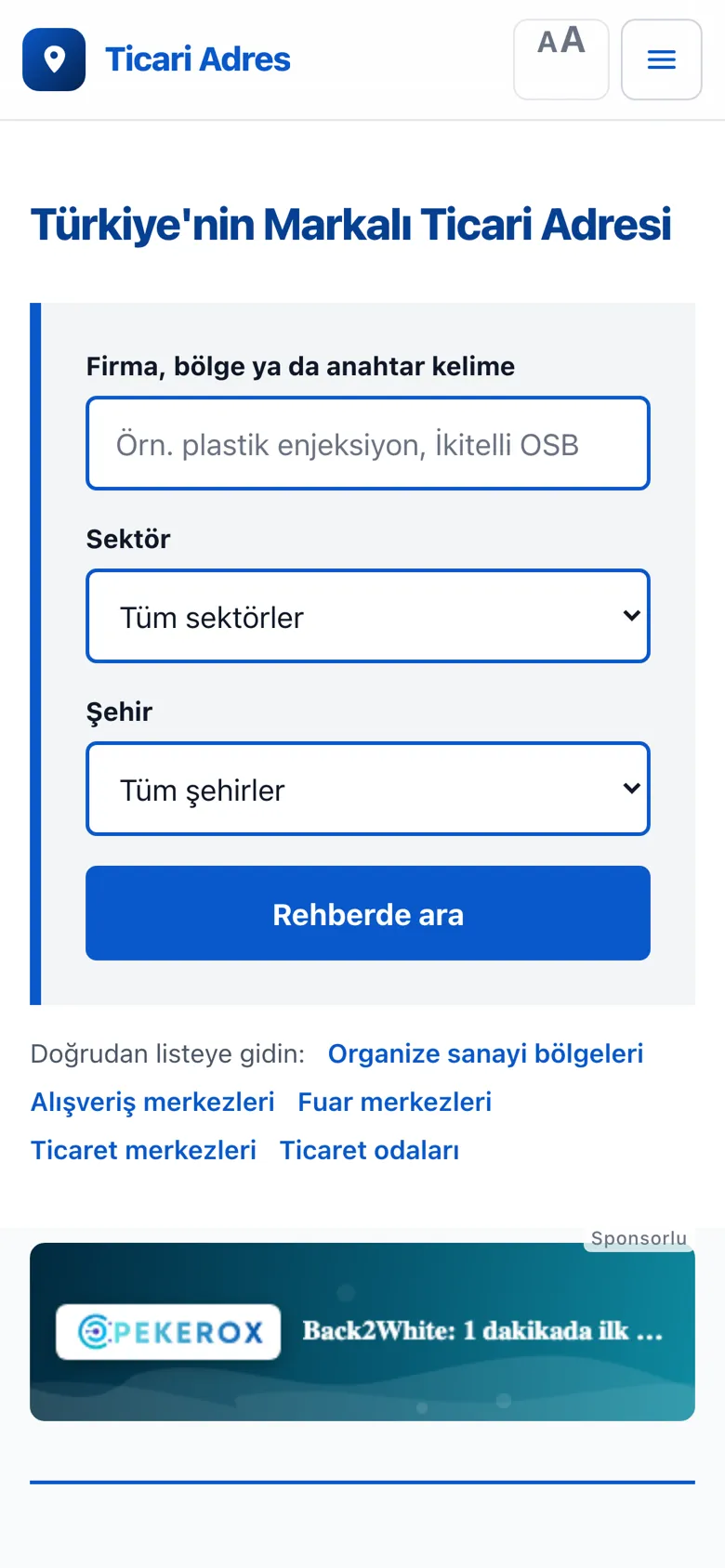 Ticari Adres'in telefon görünümü: arama kutusu ve kategori listesi tek sütuna iniyor