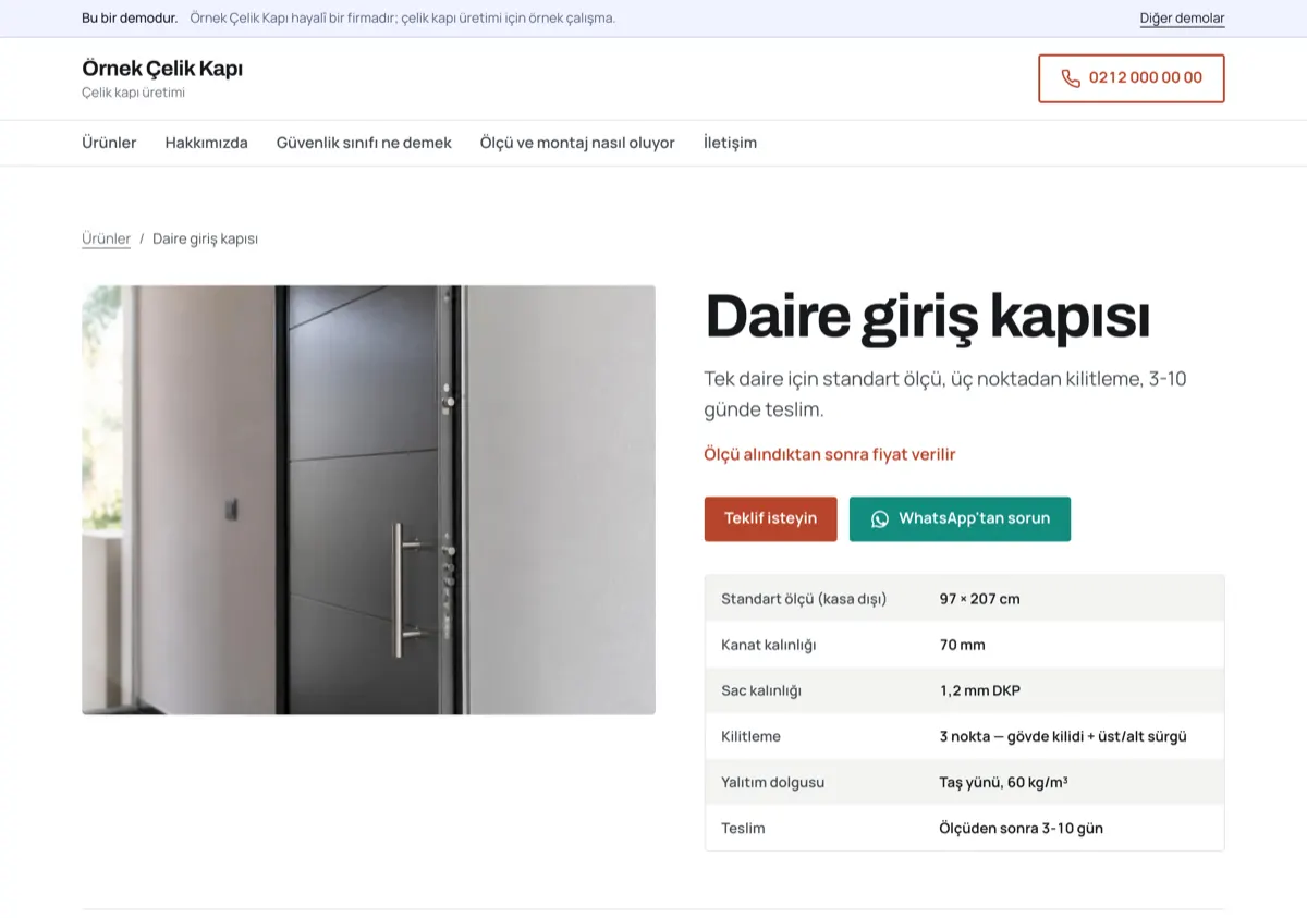 Solda gri çelik kapı fotoğrafı, sağda “Daire giriş kapısı” başlığı, ölçüden sonra fiyat notu ve 97 × 207 cm, 70 mm, 1,2 mm DKP satırları.