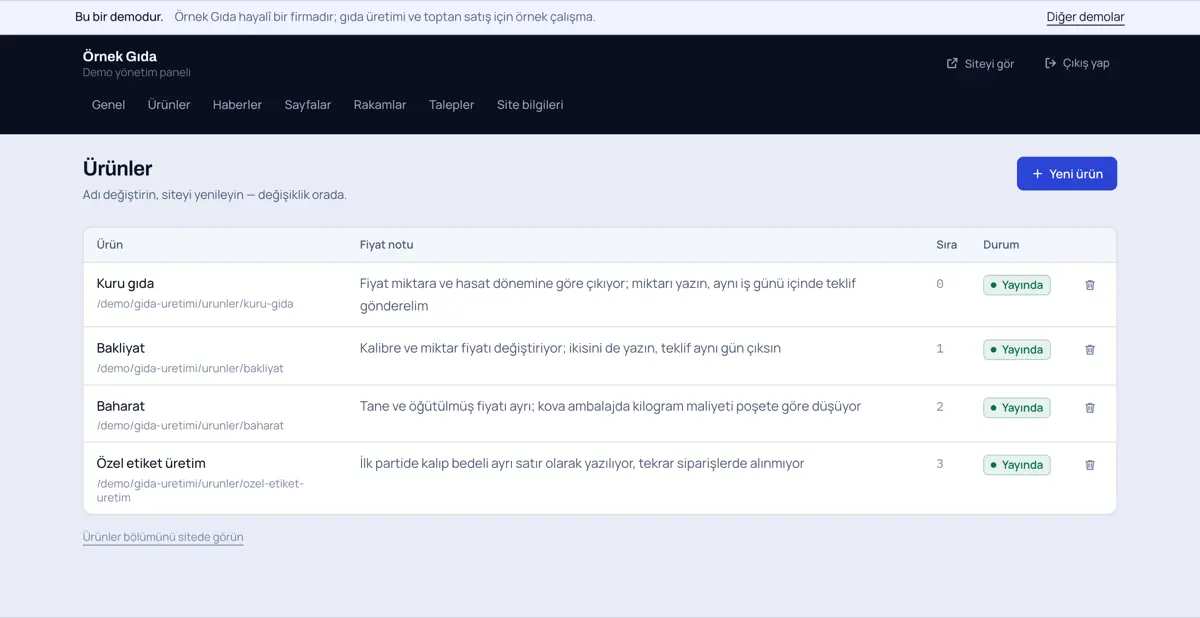 Örnek Gıda panelinde kayıt listesi: kuru gıda, bakliyat, baharat ve özel etiket üretim satırları; yanlarında sıra numarası ve yayında kutusu.