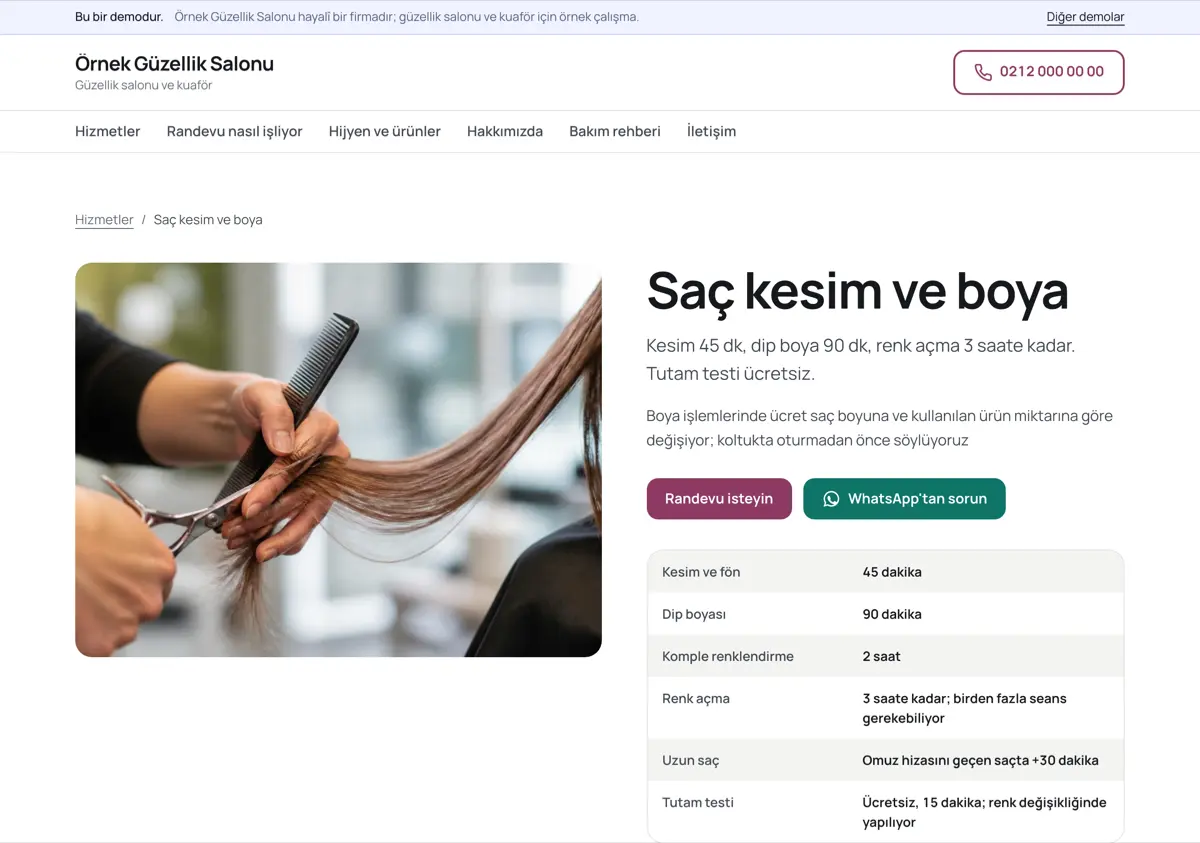 Saç kesim ve boya sayfası: kesim, dip boyası, komple renklendirme ve renk açma sürelerini dakika olarak gösteren tablo, altında tutam testi satırı.