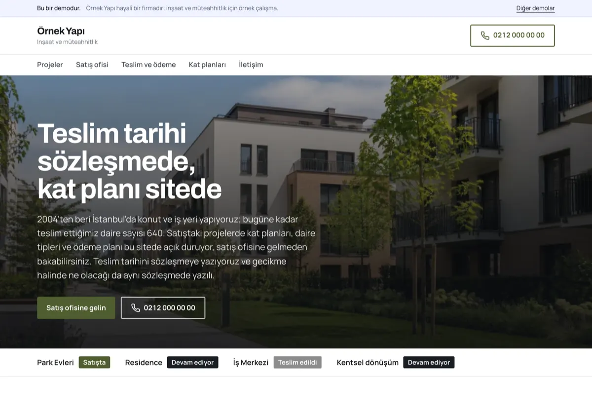 Site fotoğrafı üzerinde “Teslim tarihi sözleşmede, kat planı sitede” başlığı ve 640 daire bilgisi; altta Park Evleri satışta, Residence devam ediyor rozetleri.
