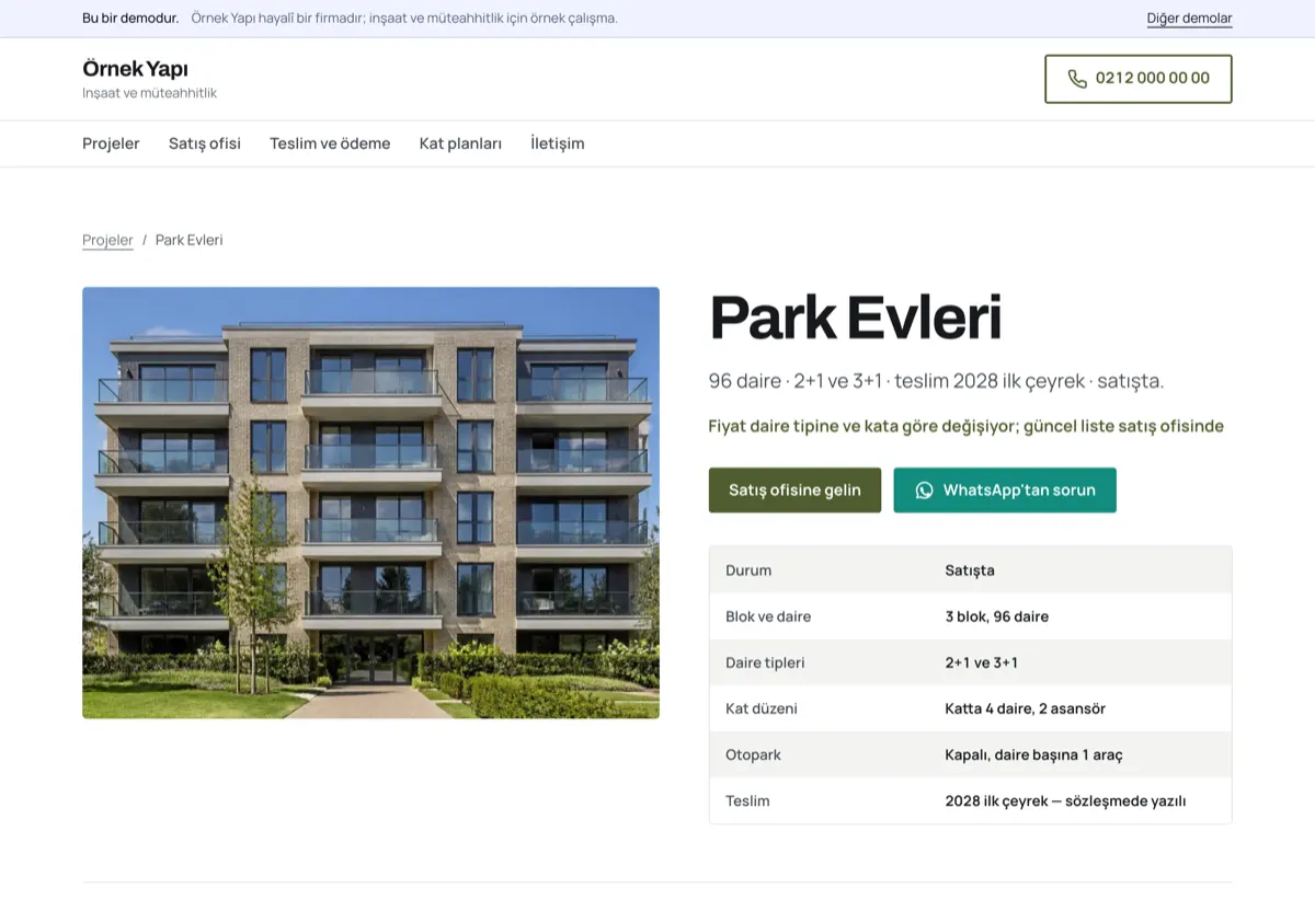 Solda bina cephesi fotoğrafı, sağda “Park Evleri” başlığı, 96 daire ve 2028 ilk çeyrek bilgisi; tabloda blok, daire tipi ve otopark satırları.