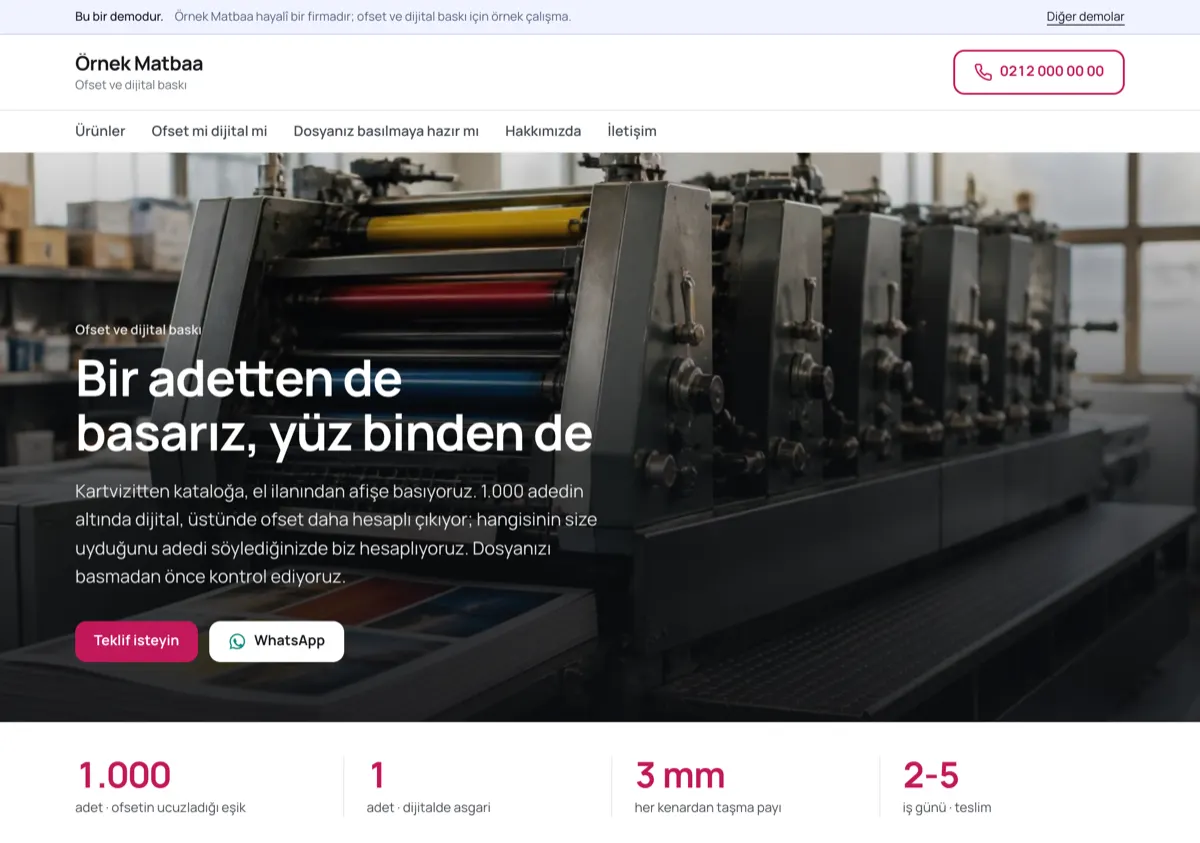 Ofset baskı makinesi fotoğrafı üzerinde “Bir adetten de basarız, yüz binden de” başlığı; altta 1.000 adet eşiği, 1 adet, 3 mm ve 2-5 iş günü.