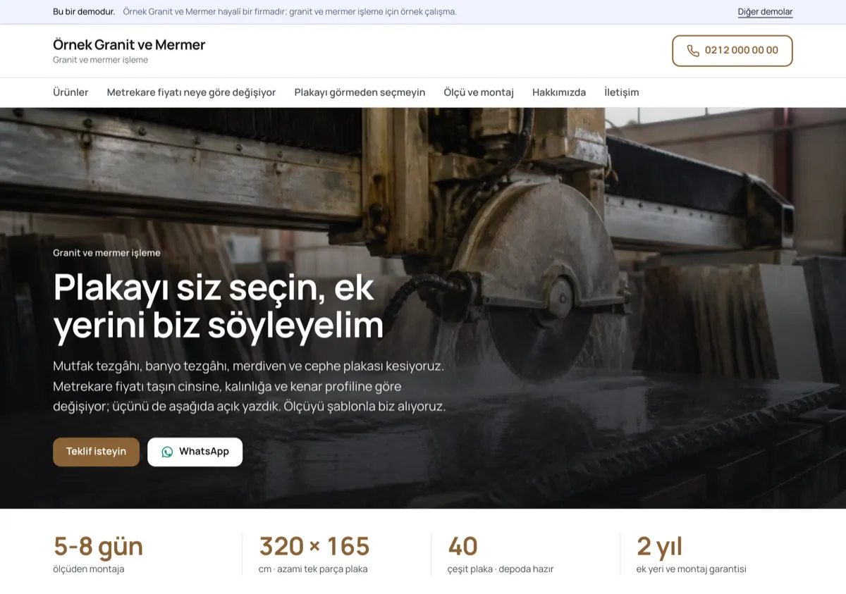 Taş kesim makinesi fotoğrafı üzerinde “Plakayı siz seçin, ek yerini biz söyleyelim” başlığı; altta 5-8 gün, 320 × 165 cm, 40 çeşit plaka ve 2 yıl.