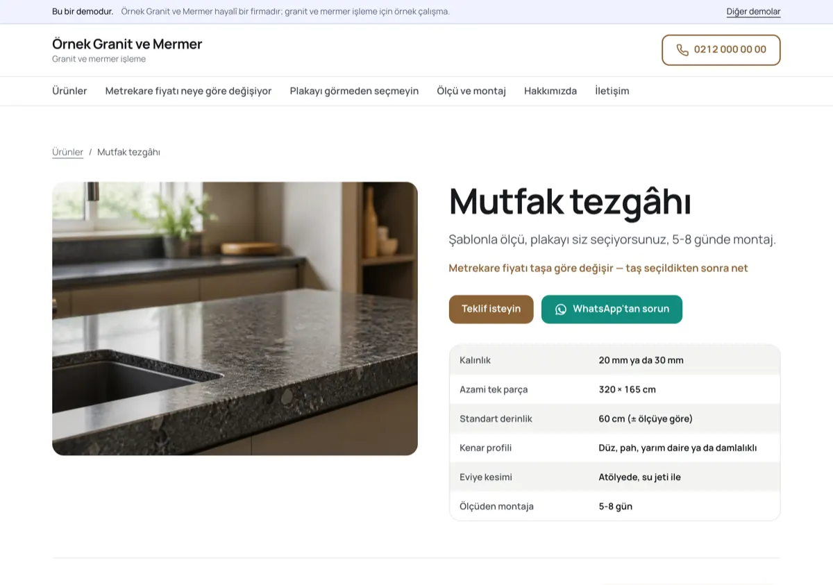 Solda granit mutfak tezgâhı fotoğrafı, sağda “Mutfak tezgâhı” başlığı ve tablo: kalınlık 20-30 mm, azami tek parça 320 × 165 cm, ölçüden montaja 5-8 gün.