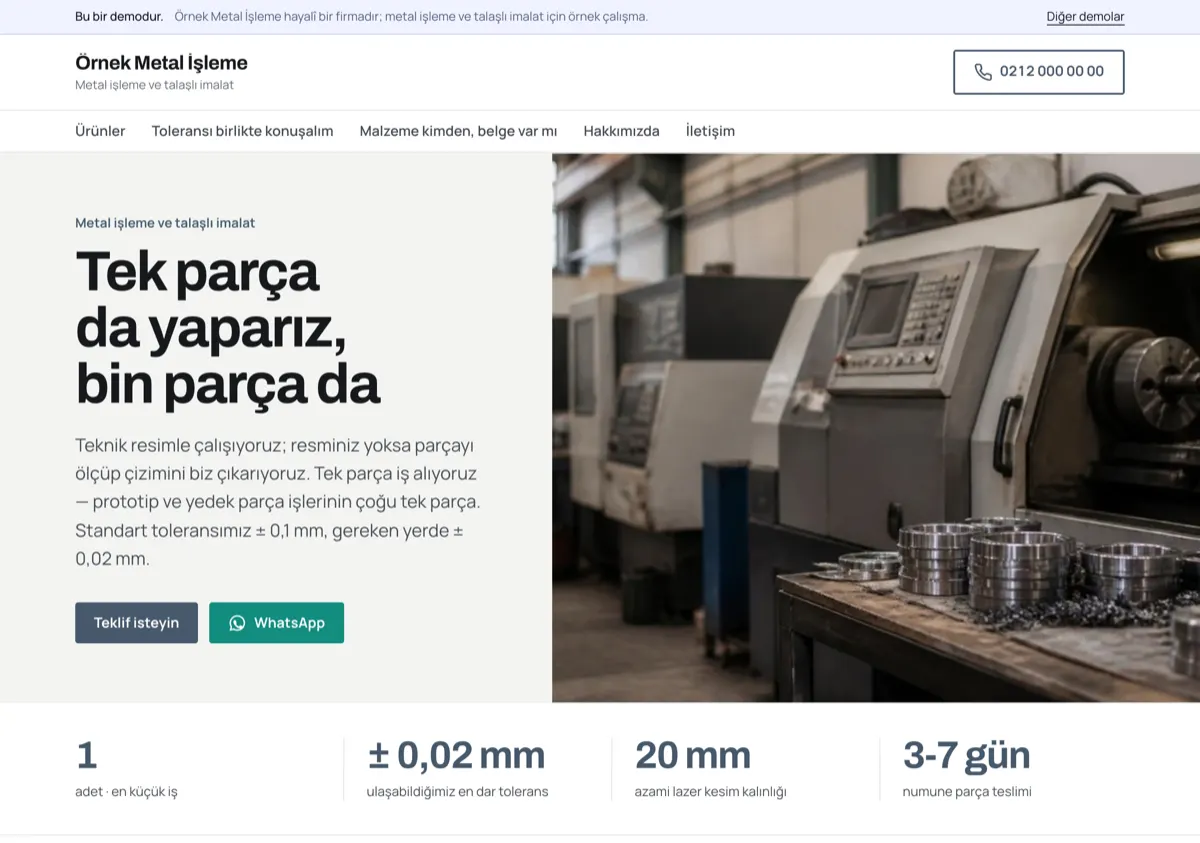 Solda “Tek parça da yaparız, bin parça da” başlığı ve teknik resim açıklaması, sağda CNC tezgâh fotoğrafı; altta 1 adet, ± 0,02 mm, 20 mm ve 3-7 gün.