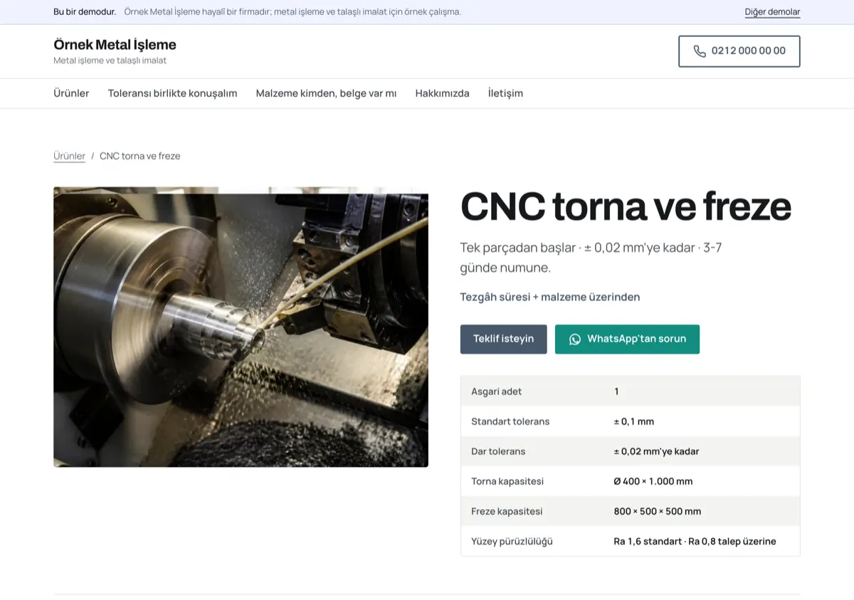 Solda talaş kaldıran CNC torna fotoğrafı, sağda “CNC torna ve freze” başlığı; tabloda asgari 1 adet, ± 0,1 mm, torna Ø 400 × 1.000 mm ve Ra 1,6.