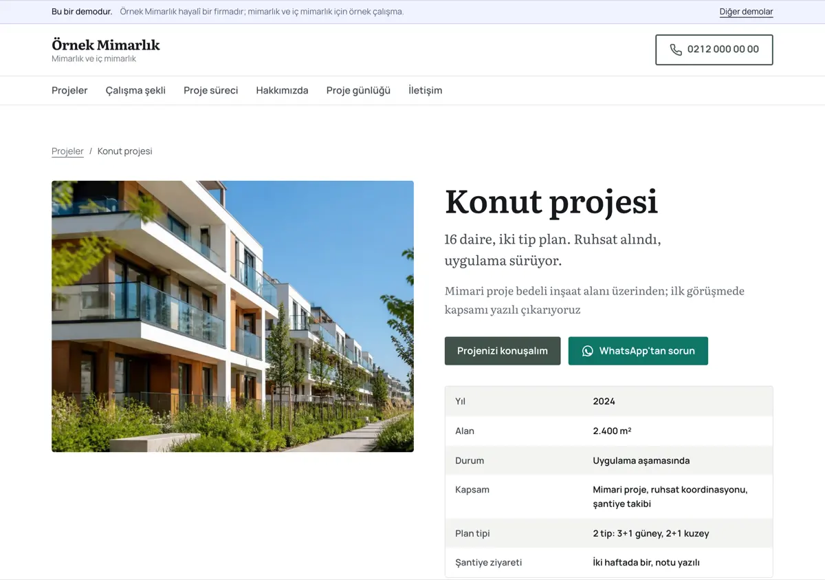 Villa projesi sayfası: üstte geniş dış cephe fotoğrafı, altında yıl 2026, alan 310 m², durum uygulama aşamasında satırlarını taşıyan tablo ve kapsam bilgisi.