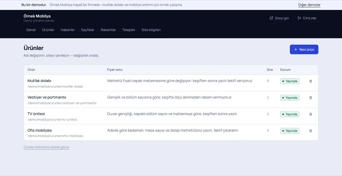 Örnek Mobilya panelinde kayıt listesi: mutfak dolabı, vestiyer ve portmanto, televizyon ünitesi ve ofis mobilyası satırları, her birinin yanında sıra numarası ve yayında kutusu.