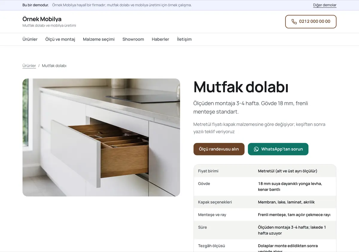Mutfak dolabı sayfası: solda çekmece detayı fotoğrafı, sağda fiyat biriminin metretül olduğunu, gövdenin 18 mm olduğunu ve lake seçilirse teslimin bir hafta uzadığını yazan tablo.