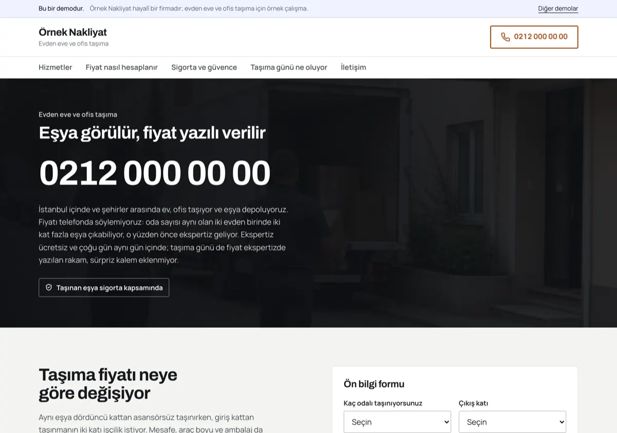 Koyu zeminli taşıma fotoğrafı üzerinde “Eşya görülür, fiyat yazılı verilir” başlığı ve büyük punto telefon numarası; altta ön bilgi formunun oda sayısı ve çıkış katı alanları.