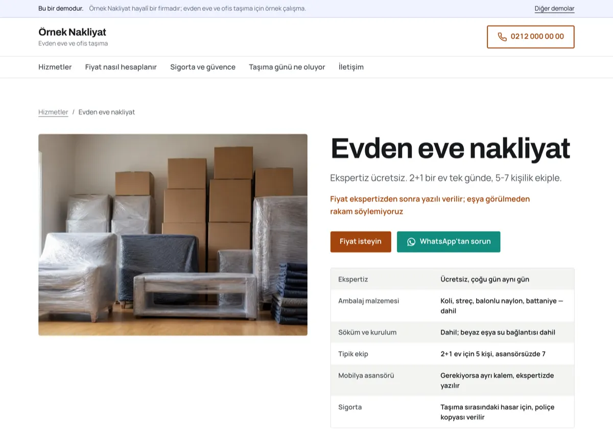 Solda streçlenmiş mobilya ve koli fotoğrafı, sağda “Evden eve nakliyat” başlığı; tabloda ekspertiz ücretsiz, ambalaj dahil, 2+1 ev için 5 kişilik ekip.