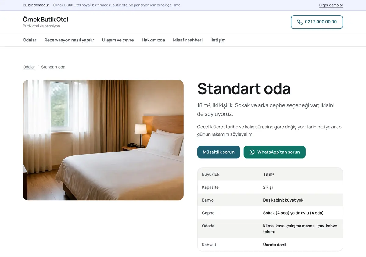 Standart oda sayfası: metrekare, kapasite, banyo tipi ve sokak ile avlu cephesi arasındaki farkı gösteren teknik tablo, altında oda fotoğrafı.