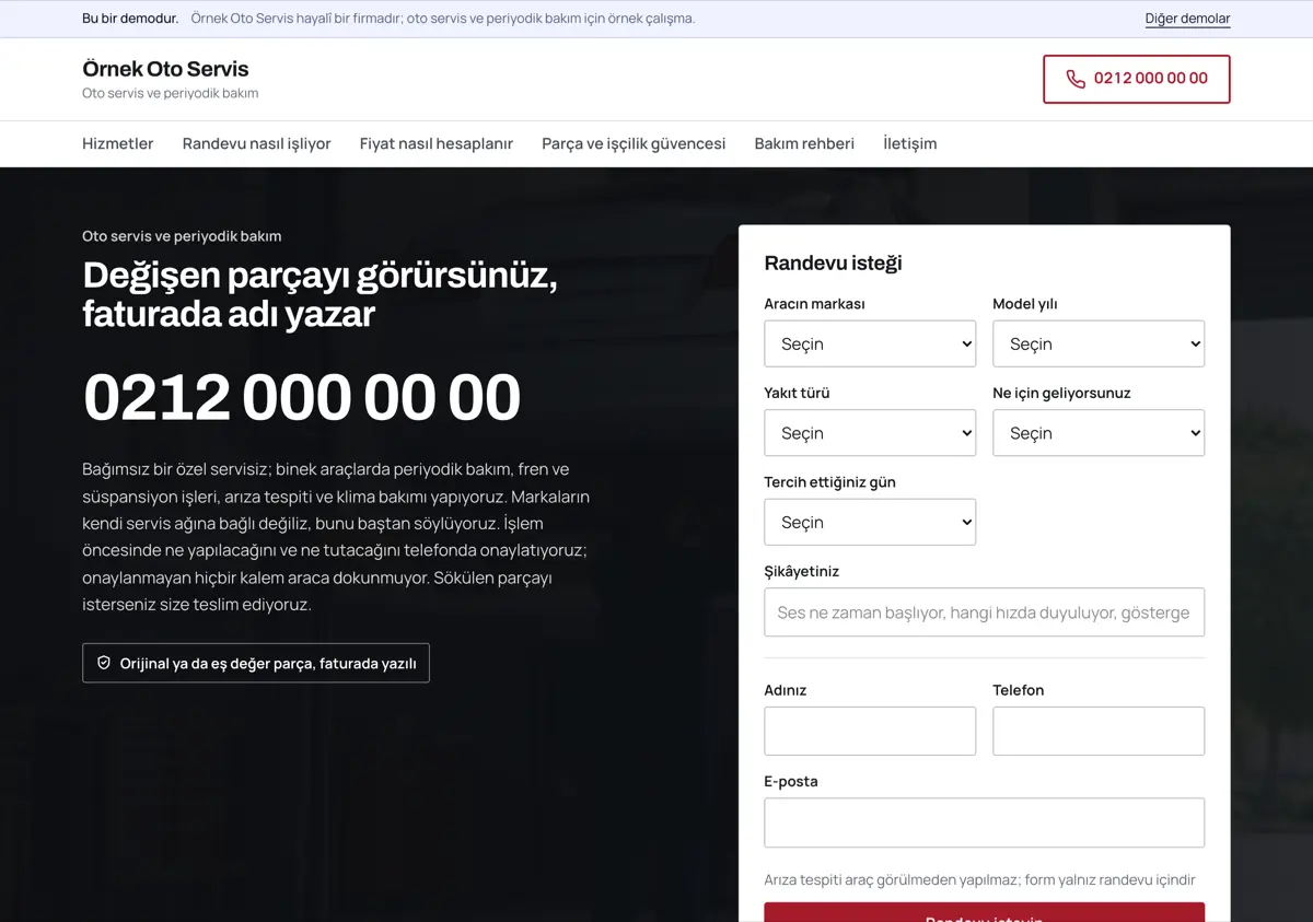 İlk ekranda büyük punto telefon numarası ve hemen yanında randevu formunun marka, model yılı ve yakıt türü alanları; arkada lifte kaldırılmış araç fotoğrafı.