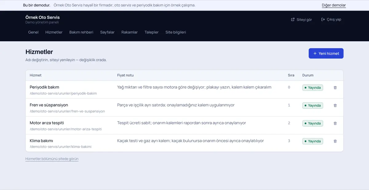 Örnek Oto Servis panelinde kayıt listesi: periyodik bakım, fren ve süspansiyon, motor arıza tespiti ve klima bakımı satırları; yanlarında süre bilgisi ve yayında kutusu.