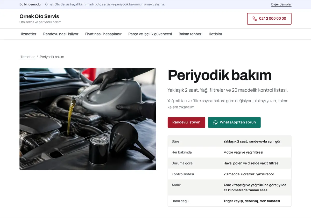Fren ve süspansiyon sayfası: solda kaliper ve disk fotoğrafı, sağda balatanın milimetreyle ölçüldüğünü, 3 mm altında değiştiğini ve rot balansın işin parçası olduğunu yazan tablo.