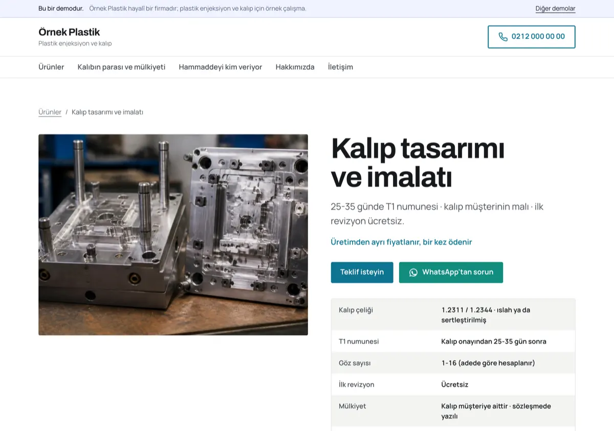Solda açık enjeksiyon kalıbı fotoğrafı, sağda “Kalıp tasarımı ve imalatı” başlığı; tabloda 1.2311 ve 1.2344 çelik, T1 numunesi 25-35 gün, ilk revizyon ücretsiz.