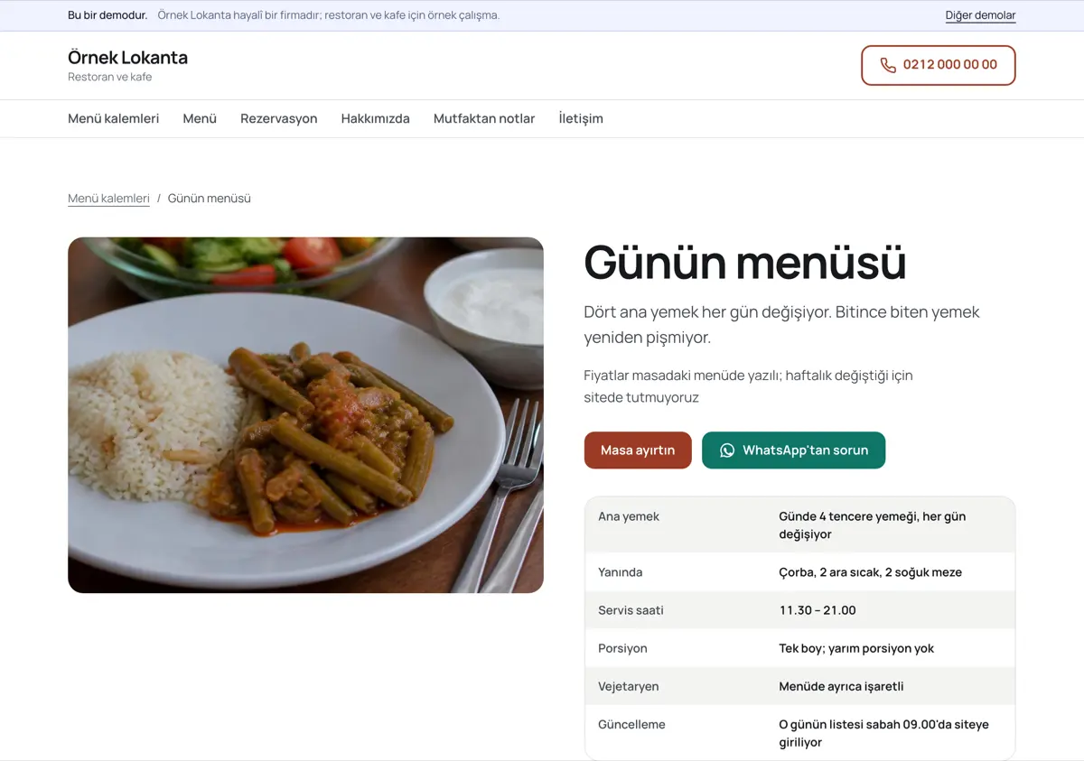 Menü sayfası: çorbalar, tencere yemekleri ve kahvaltı başlıkları altında ürün, porsiyon ve not sütunlarından oluşan tablolar; fiyat sütunu yok.