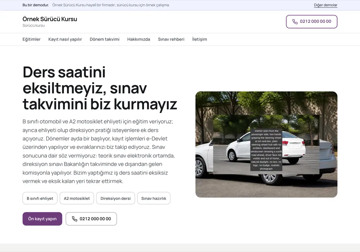 Sıcak tonlu ilk ekranın altında ön kayıt formunun ehliyet sınıfı ve dönem alanları; hemen yanında hangi dönemin ne zaman başladığını gösteren takvim tablosu.