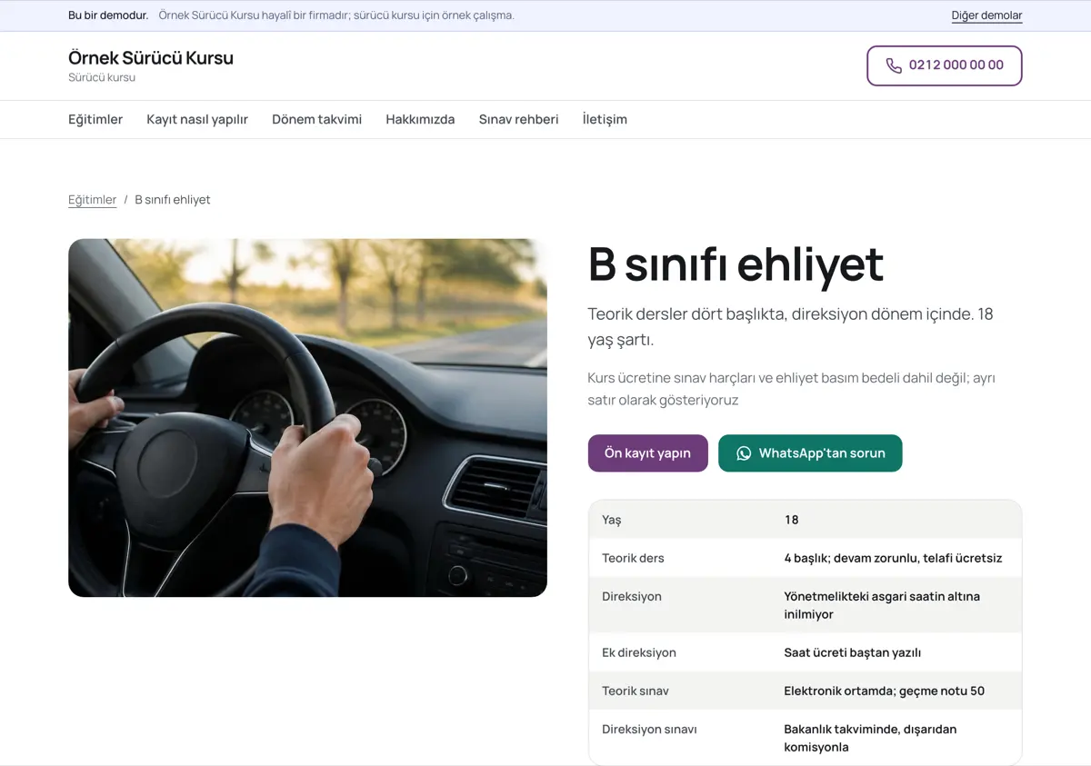 B sınıfı eğitim sayfası: yaş şartı, dört teorik ders başlığı, direksiyon eğitiminin asgari saatin altına inmediği ve sınavın Bakanlık takviminde yapıldığı satırlarını taşıyan tablo.
